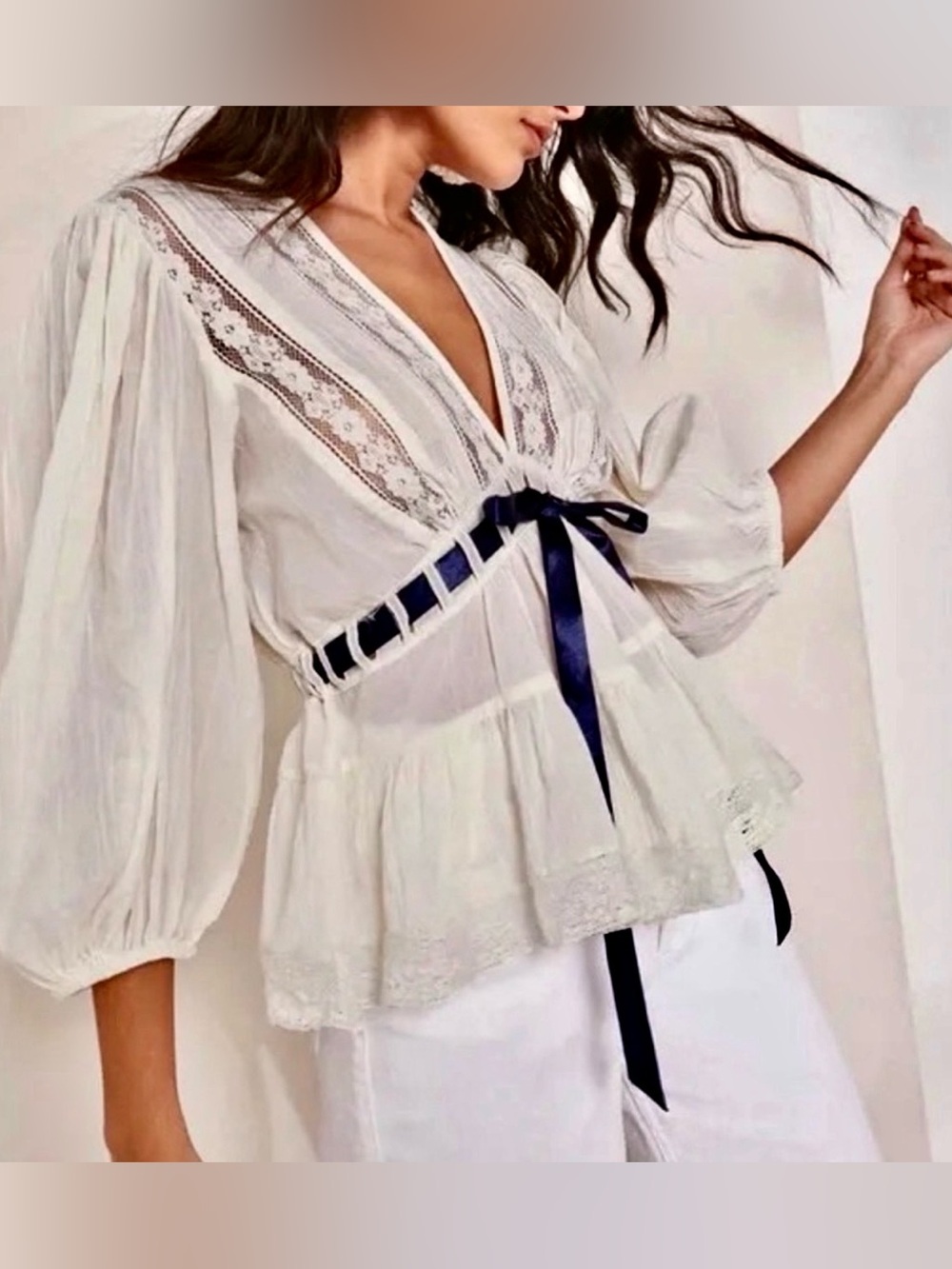 Free People Ivory Lace Peplum Blouse with Navy Ribbon MWOT - Picture 3 of 9
